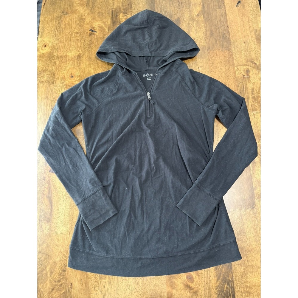 EUC Womens A:GLOW maternity 1/4 quarter zip hooded stretch pullover black size M